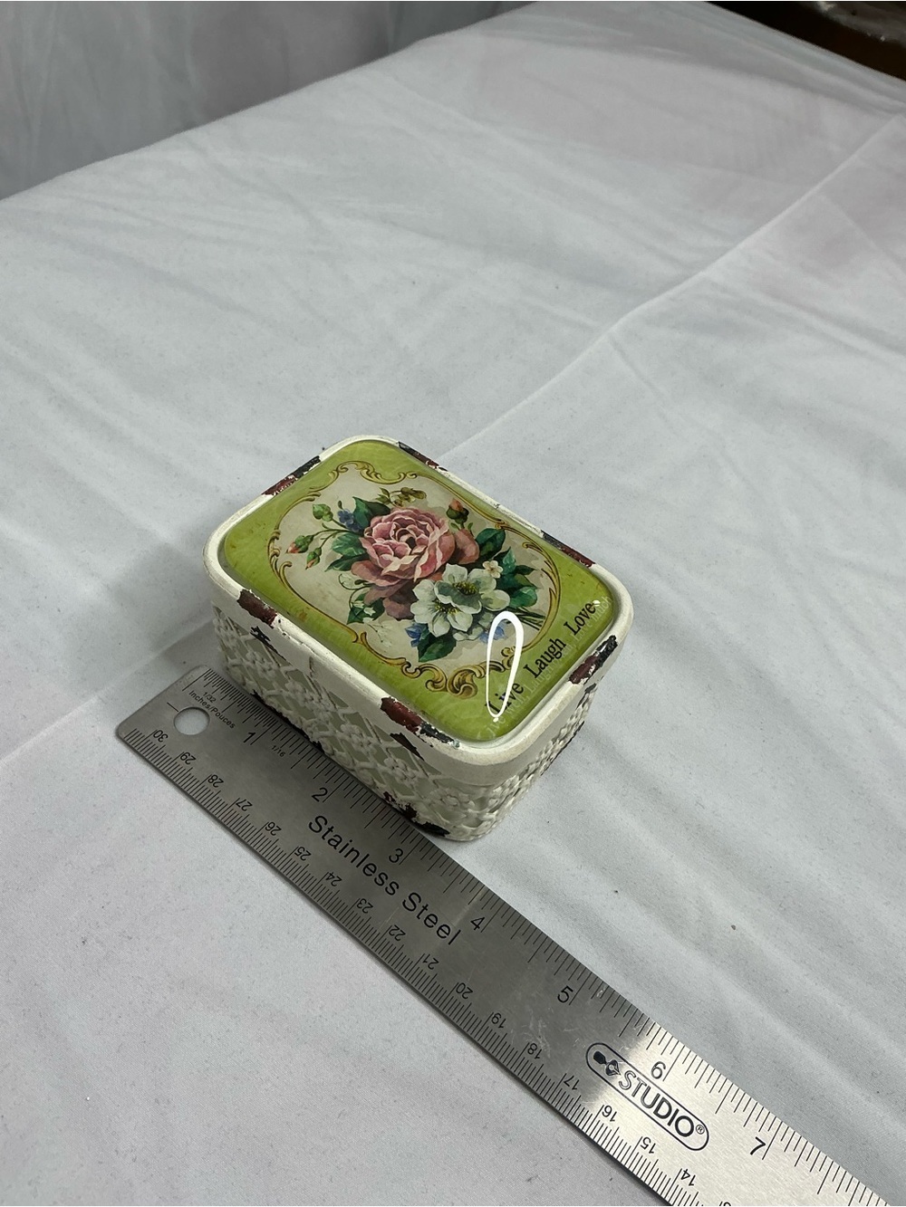 0007 - burton + BURTON White Floral Metal Trinket Box with Green Rose Lid - Picture 6 of 8
